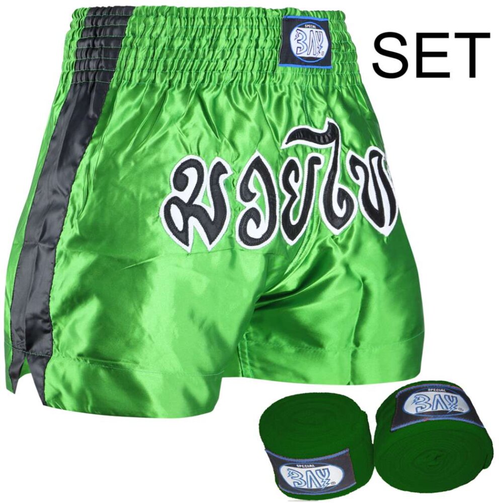 SET Angebot Remy Thaiboxhose L + Boxbandagen gr&uuml;n