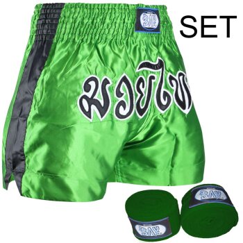 SET Angebot Remy Thaiboxhose + Boxbandagen grün XL