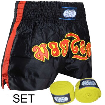 SET Angebot Remy Thaiboxhose S + Boxbandagen rot gelb