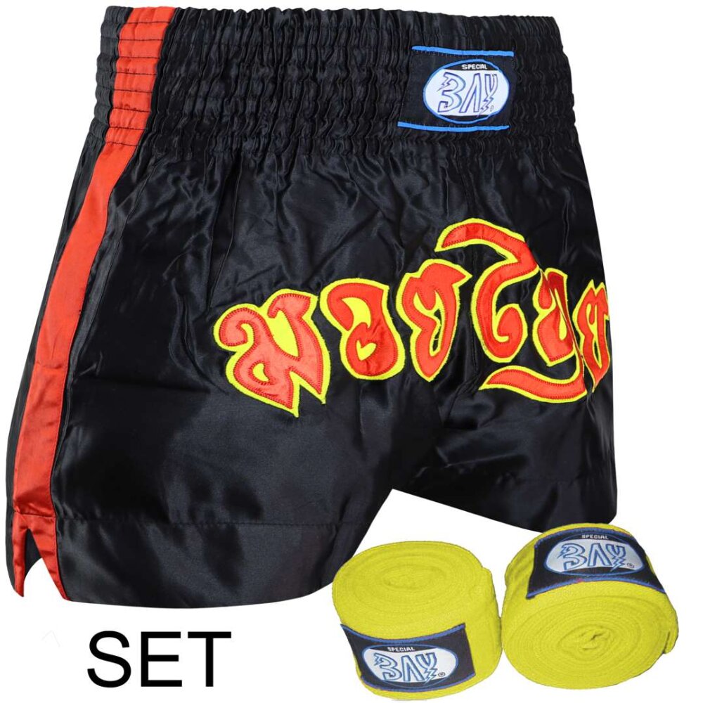 SET Angebot Remy Thaiboxhose M + Boxbandagen rot gelb