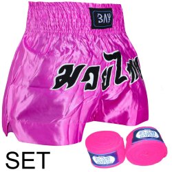 SET Angebot Remy Thaiboxhose XL + Boxbandagen pink rosa