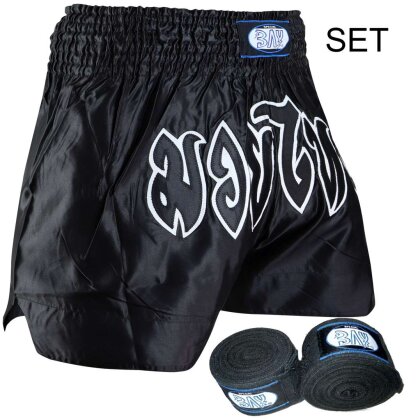 SET Angebot Remy Thaiboxhose S + Boxbandagen schwarz weiss