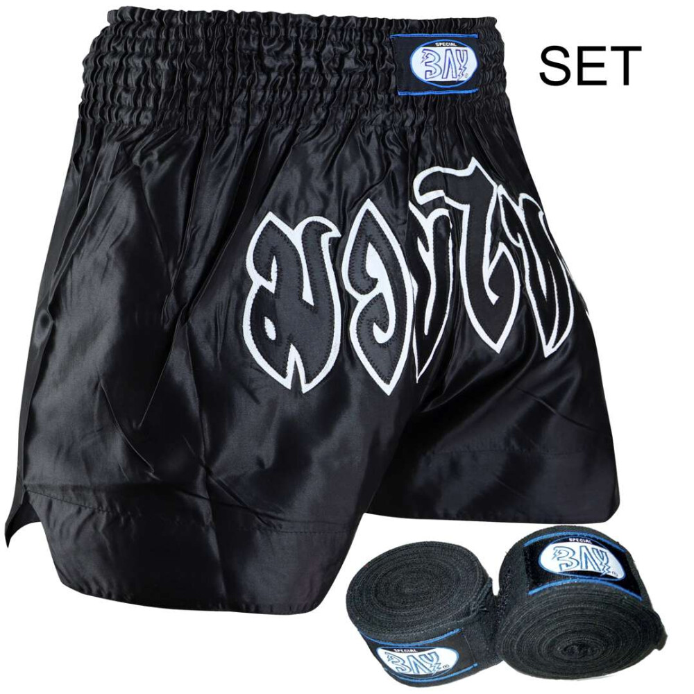 SET Angebot Remy Thaiboxhose S + Boxbandagen schwarz weiss