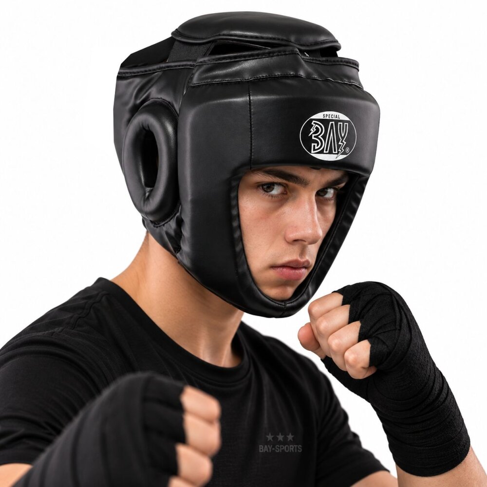 Kopfschutz Full Chin PU Leder Vollkontakt schwarz