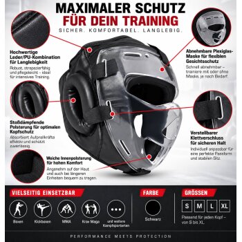 Kopfschutz WP mit abnehmbarer Plexiglas Maske Leder PU schwarz