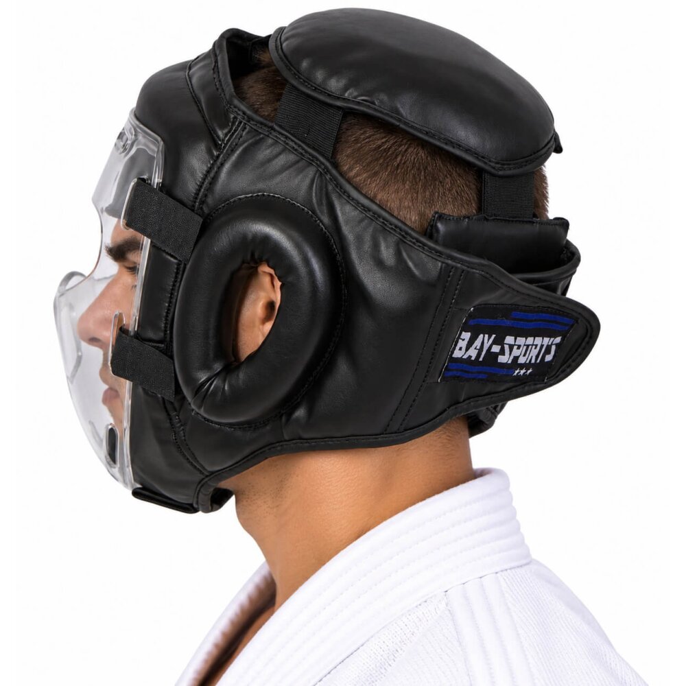 Kopfschutz WP mit abnehmbarer Plexiglas Maske Leder PU schwarz
