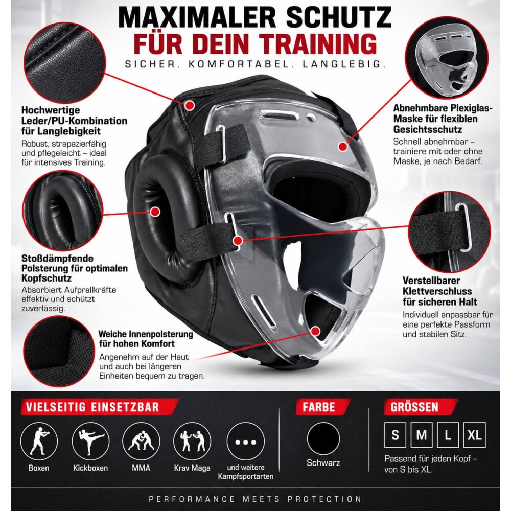 Kopfschutz WP mit abnehmbarer Plexiglas Maske Leder PU schwarz XL