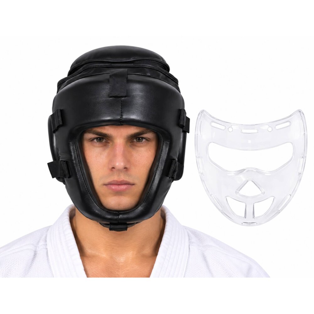 Kopfschutz WP mit abnehmbarer Plexiglas Maske Leder PU schwarz XL
