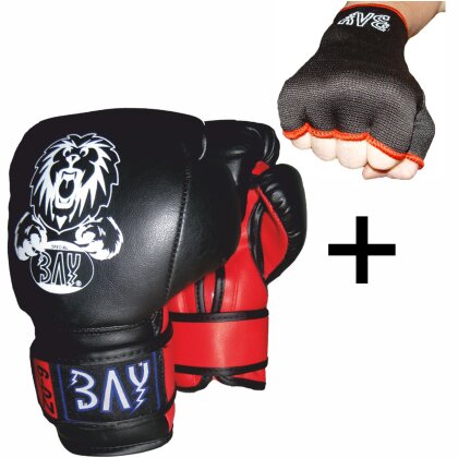 Set - Discount Leon Kinder Boxhandschuhe schwarz/rot 2 - 8 Unzen + Schlupfbandagen GRATIS 6 Unzen XS