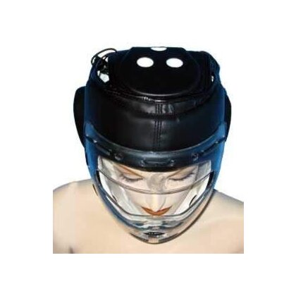 Kopfschutz mit Plexiglas Maske Leder PU schwarz S - XL