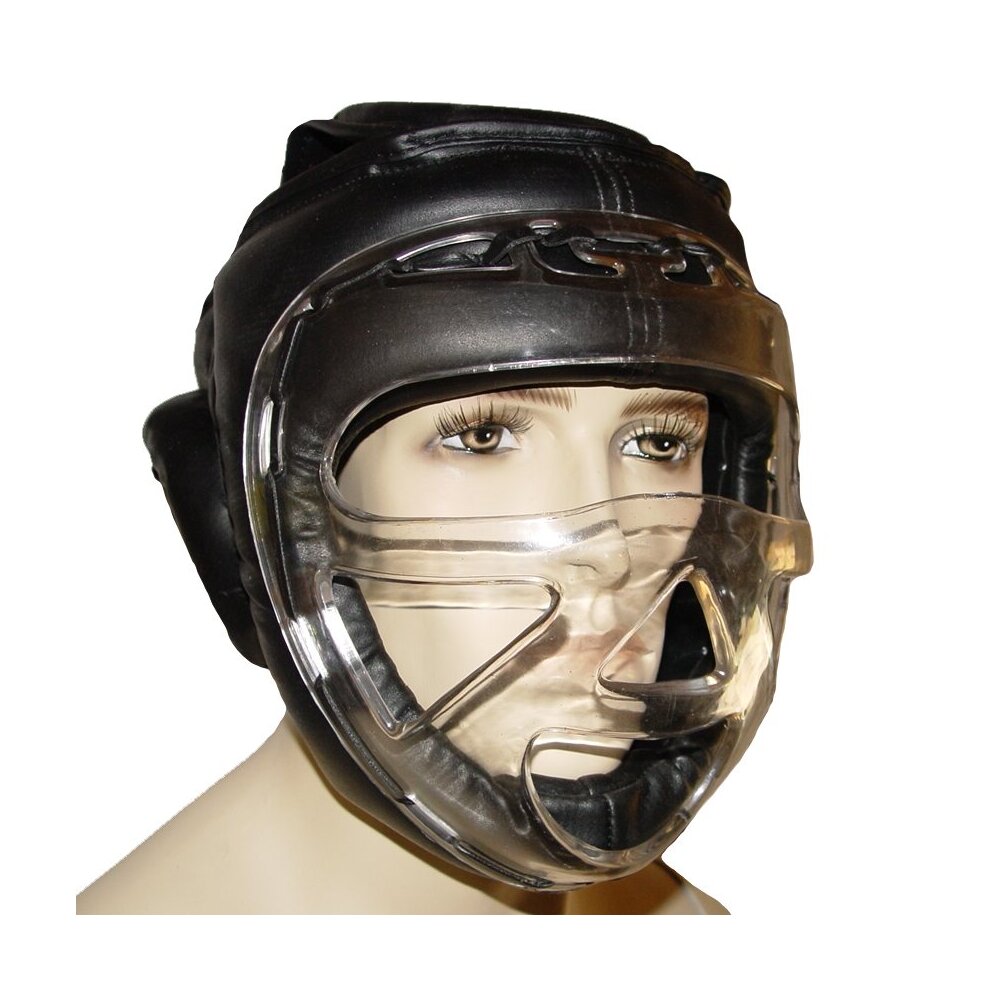 Kopfschutz mit Plexiglas Maske Leder PU schwarz S - XL