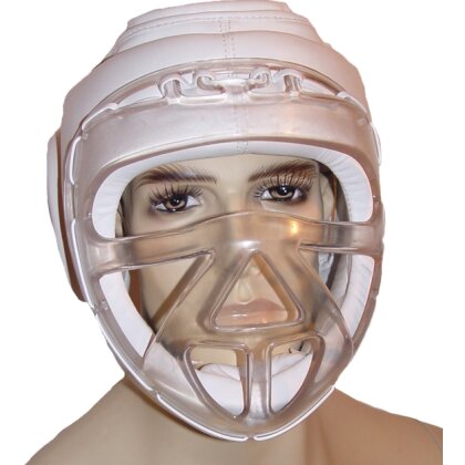 Kopfschutz mit Plexiglas Maske Leder PU wei&szlig; S - XL