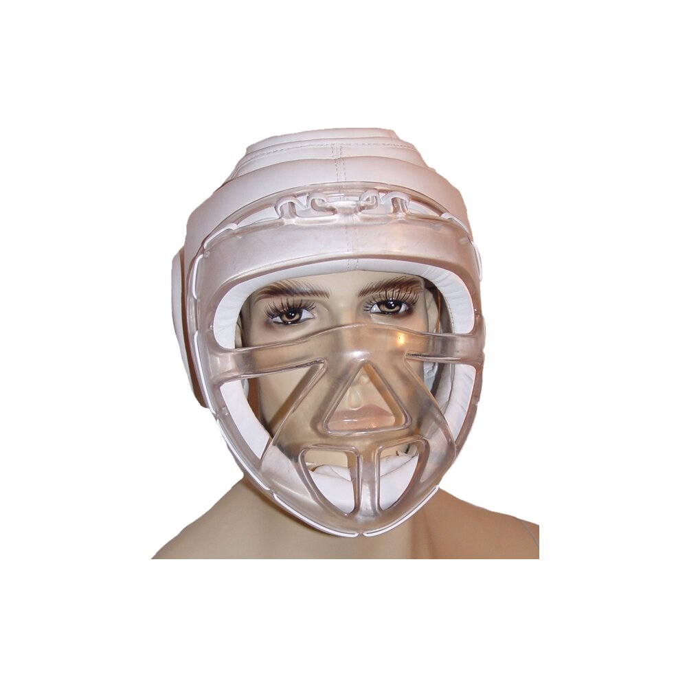 Kopfschutz mit Plexiglas Maske Leder PU wei&szlig; S - XL
