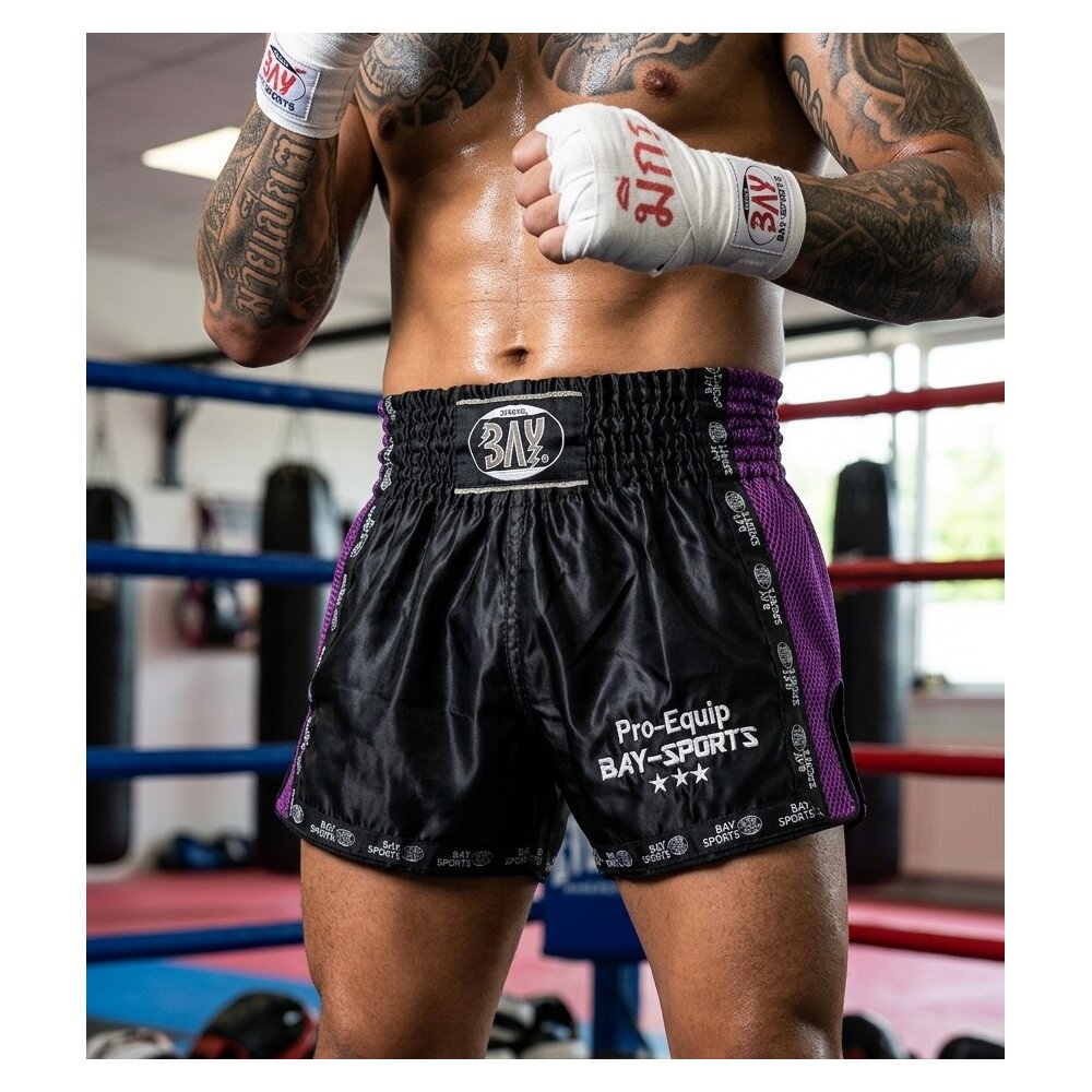 20 Jahre Jubel Angebot - Pro-Equip Mesh Thaiboxhose schwarz/lila XXS - XXL