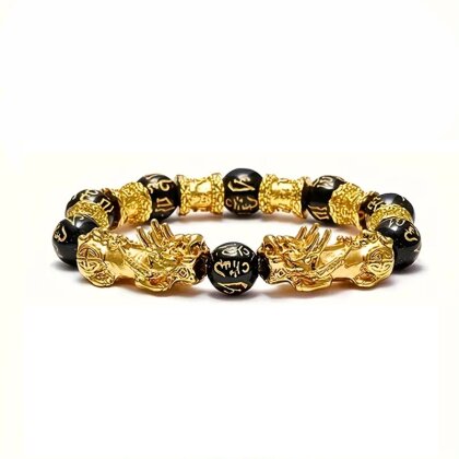 Drachenarmband, 2 Drachen Feng Shui Schwarzer Obsidian Reichtumsarmband,  Accessoires  oder Gl&uuml;cksbringer