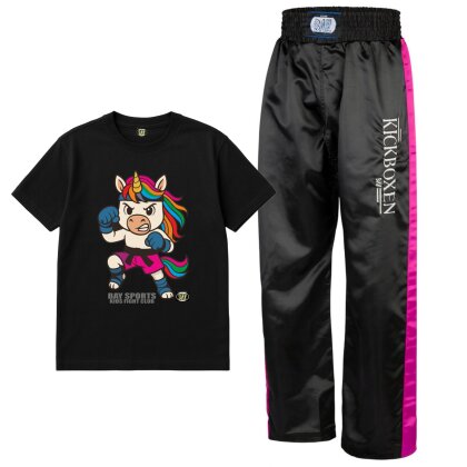 SET ANGEBOT Kids Fight Club T-Shirt Einhorn + Stick Kickboxhose schwarz/pink 116 120