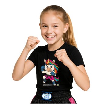 SET ANGEBOT Kids Fight Club T-Shirt Einhorn + Stick Kickboxhose schwarz/pink 128 120