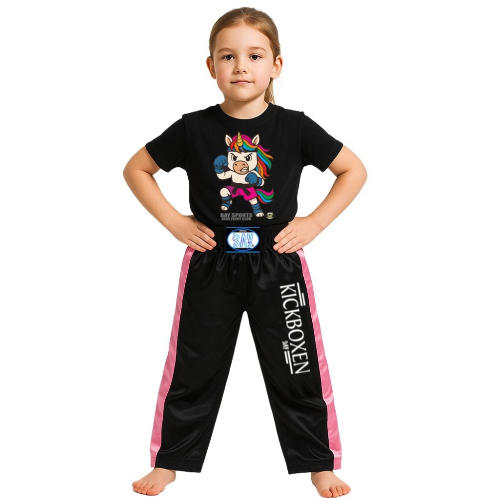 SET ANGEBOT Kids Fight Club T-Shirt Einhorn + Stick Kickboxhose schwarz/pink 128 120