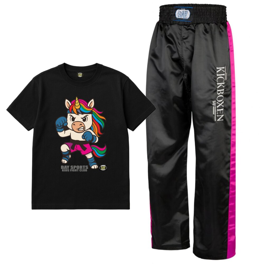 SET ANGEBOT Kids Fight Club T-Shirt Einhorn + Stick Kickboxhose schwarz/pink 146 140
