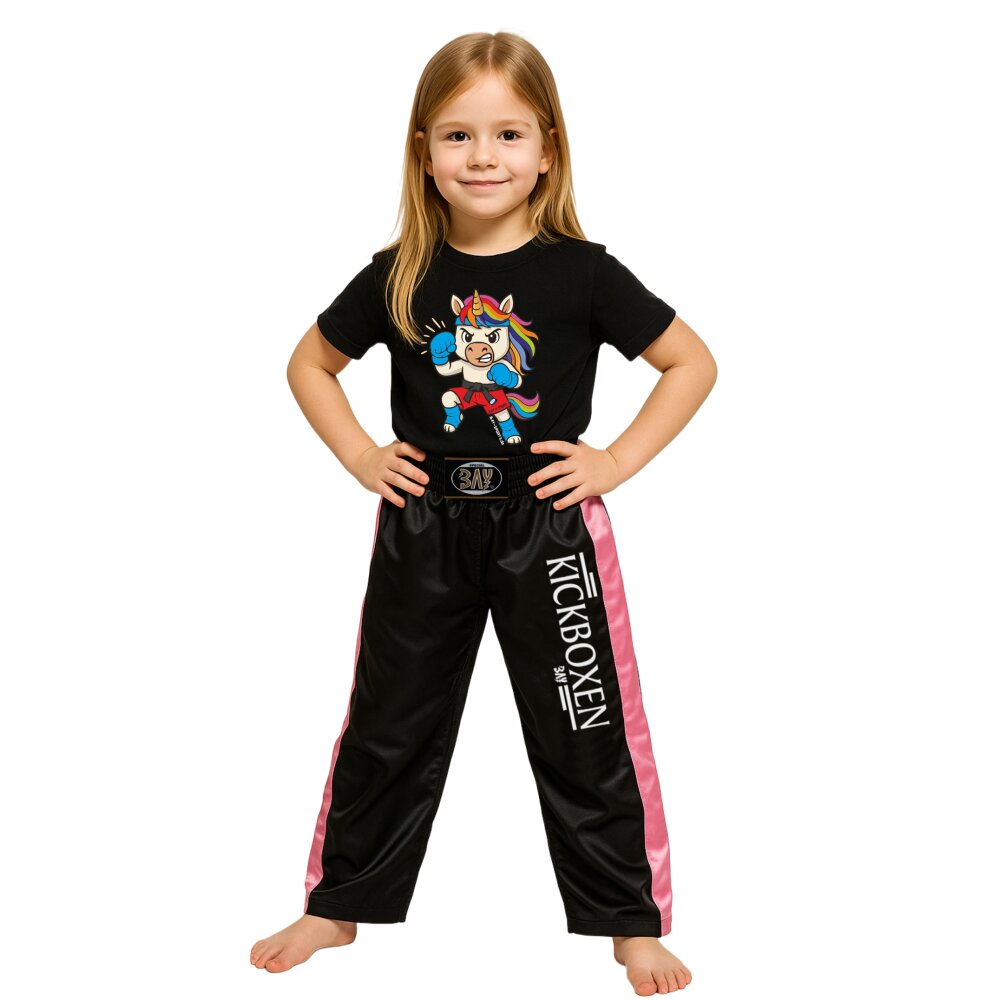 SET ANGEBOT Kids Fight Club T-Shirt Einhorn + Stick Kickboxhose schwarz/pink 146 140