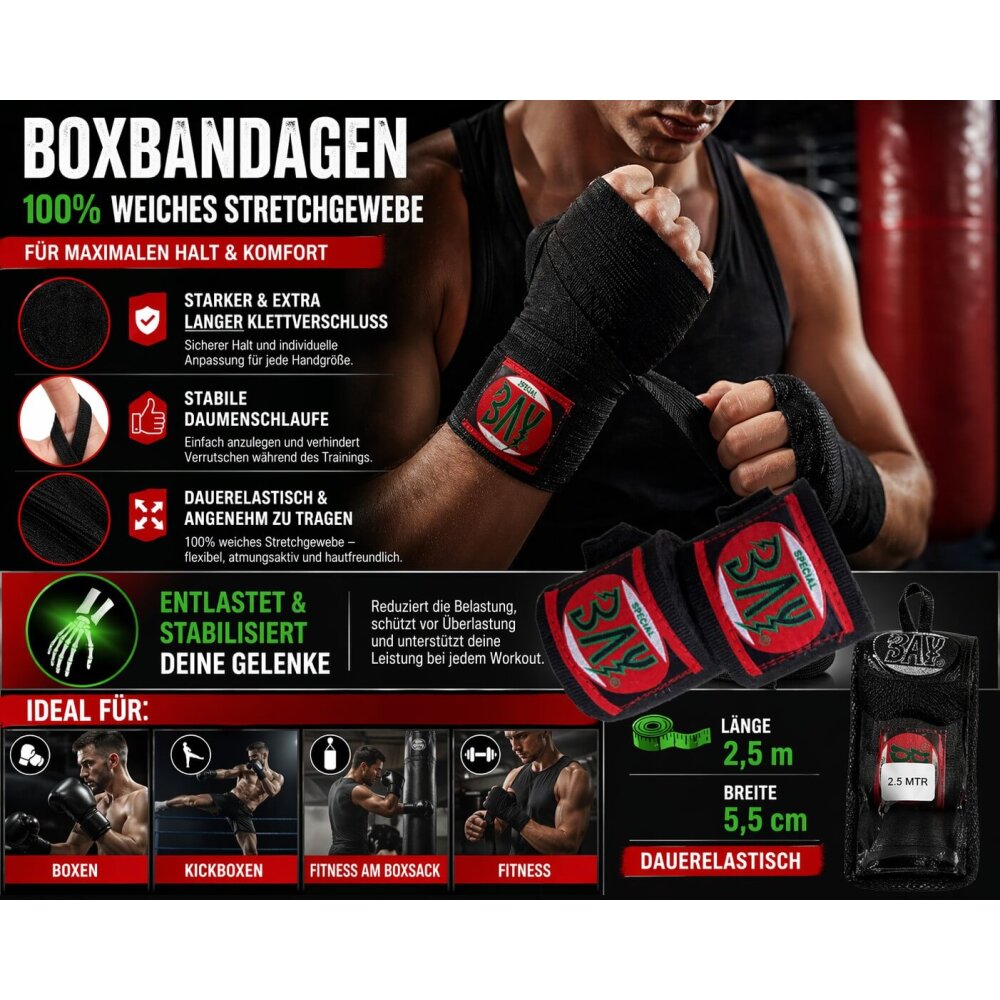 Spar Set 10 + 1 Gratis - Pro Edition 2,5 m Boxbandagen elastisch schwarz