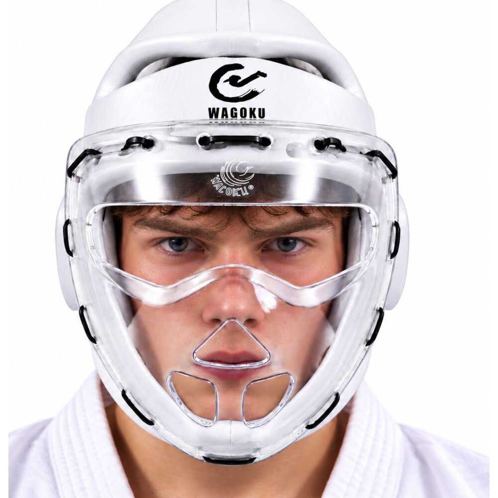 Wacoku Kopfschutz weiß Schaumstoff mit Plexiglas Maske WTF