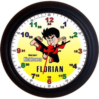 Lernuhr Wanduhr mit Wunschname Kickboxen Kinder mit persönlicher Widmung schwarz schleichend/leise