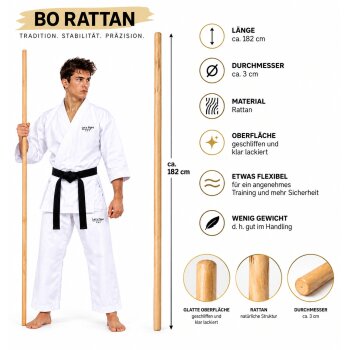Bo 182 cm Schlagstock Rattan weiß geschliffen lackiert Langstock Stab Bostab