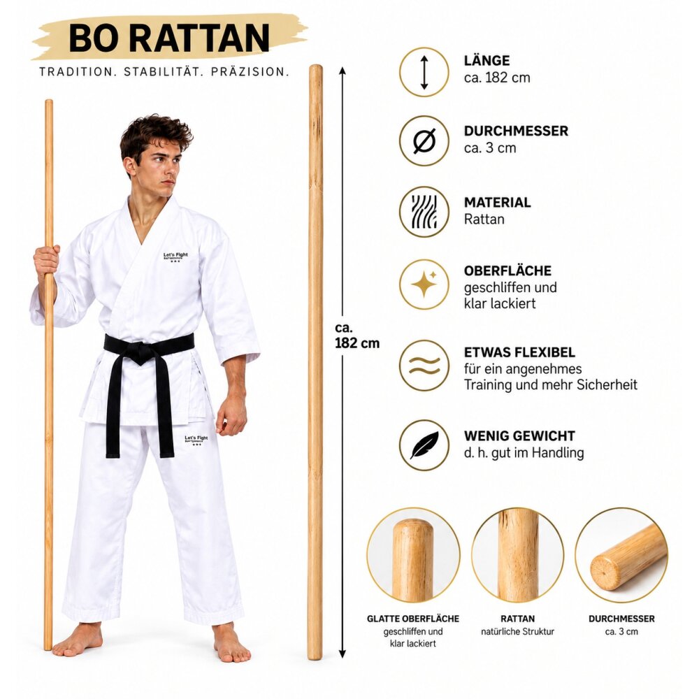 Bo 182 cm Schlagstock Rattan weiß geschliffen lackiert Langstock Stab Bostab