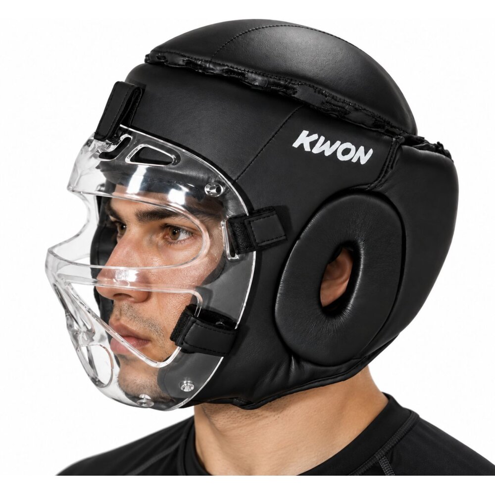 Kopfschutz Elite Fight mit Plexiglas Visier Leder schwarz